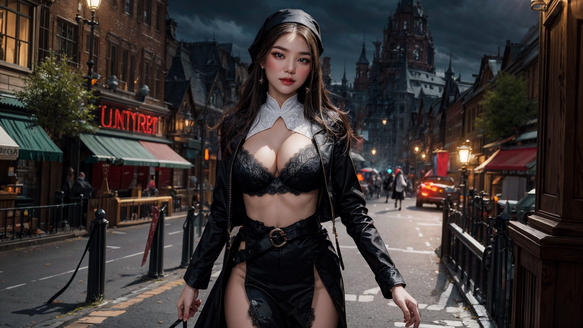 thigh up body, 1girl, looking at viewer, large breasts, nun coat, lace bra, garterbelt, transparent clothes, cleavage, detailed clothing, cutout clothing, hair accessories, different hairstyle, earrings, pussy edge, night, light,
cinematic composition, dynamic composition, dynamic angle, cowboy shot, pussy focus, fantasy, science fiction,
digital painting, official art, unity 8k wallpaper, masterpiece, best quality, chimaiv7,chimaiv7