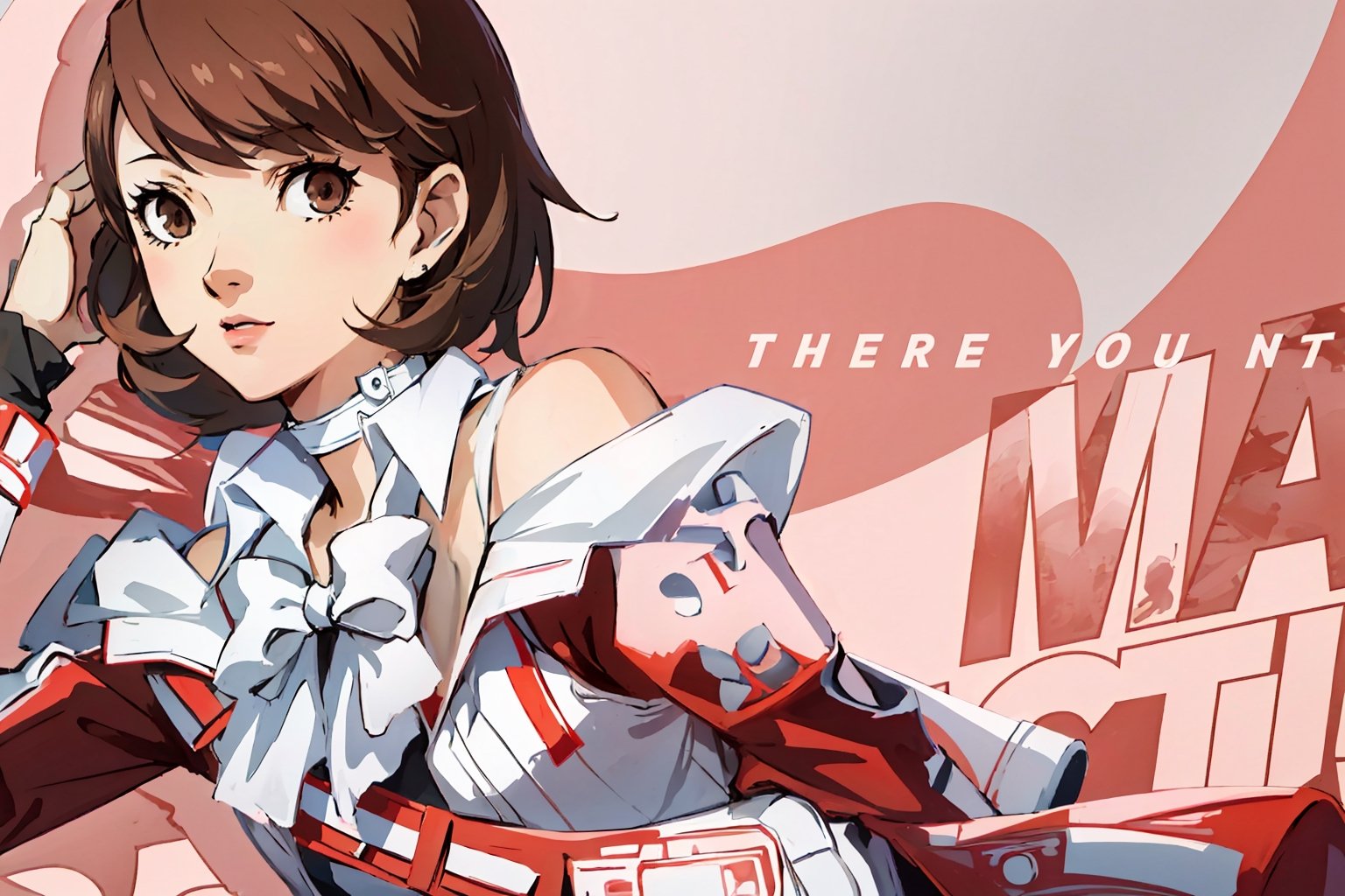 ((masterpiece, best quality)) Persona3Yukari, 1girl, solo, short hair, brown hair, brown eyes, upper_body,Persona3Yukari, white choker,viewed from side, arms_above_head , pink and white themed dress,