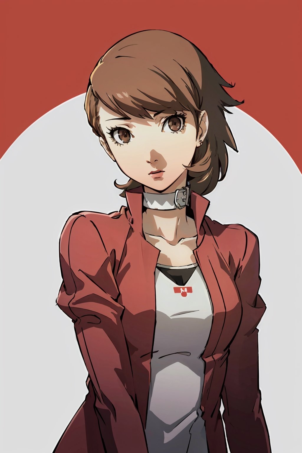 ((masterpiece, best quality)) Persona3Yukari, 1girl, solo, short hair, brown hair, brown eyes, leaning_forward, upper_body,Persona3Yukari, white choker, 