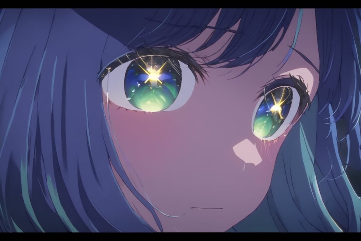 face focus, cute, masterpiece, best quality, 1girl, black background, highly detailed eyes, perfect lighting, looking at viewer,  light particle, solo, standing, pixiv, depth of field, cinematic compotision, looking up ,blue hair,1girl, solo, green eyes, blue hair, medium_hair, gradient hair,