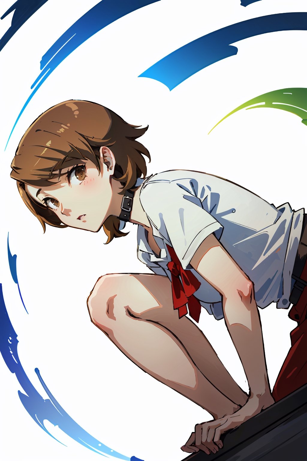 ((masterpiece, best quality)) Persona3Yukari, 1girl, solo, short hair, brown hair, brown eyes, leaning_forward, upper_body,Persona3Yukari, white choker, bending over , viewed from side