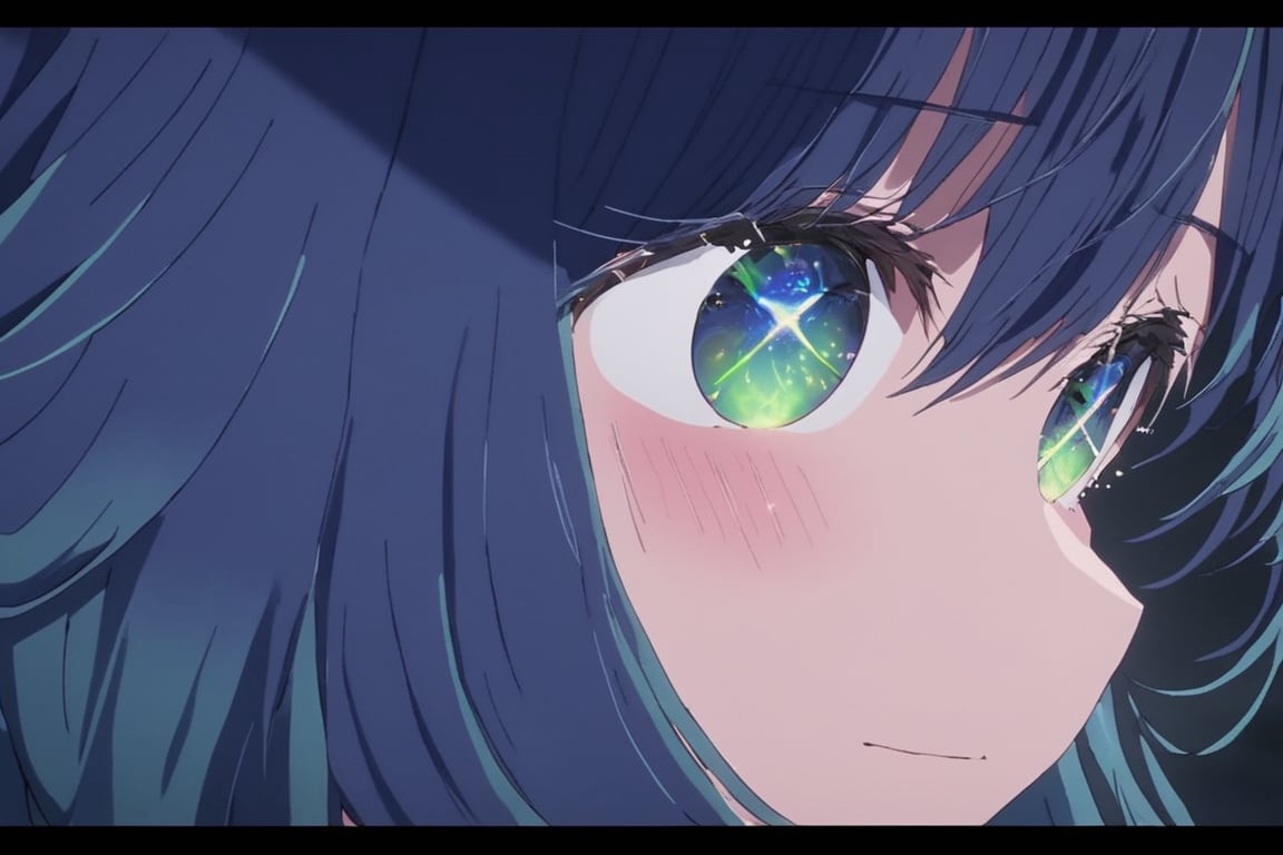 face focus, cute, masterpiece, best quality, 1girl, black background, highly detailed eyes, perfect lighting, looking at viewer,  light particle, solo, standing, pixiv, depth of field, cinematic compotision, looking up ,blue hair,1girl, solo, green eyes, blue hair, medium_hair, gradient hair,