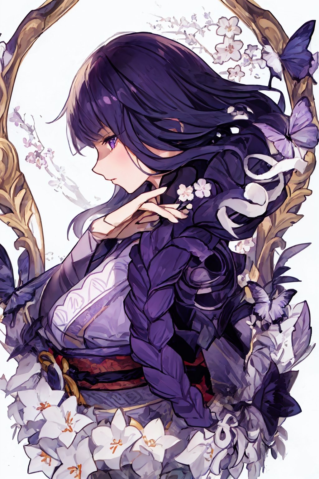 (extremely detailed CG, best quality:1.1), 1girl, perfect face,(finely detailed )upper body, portrait, ,raidenshogundef,   purple and white theme background , from side