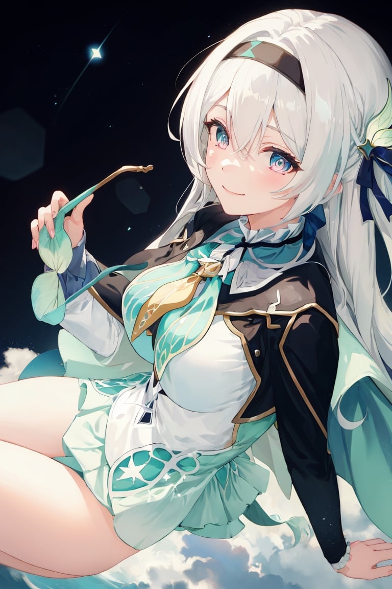 best quality, masterpiece, highres, ,firefly \(honkai: star rail\), 1girl, solo, long hair, smile, blue eyes, closed mouth, looking at viewer, outdoors, bangs, long sleeves, hair ornament, hairband, hair between eyes, cloudy sky, turquoise cape, blue sky, star \(sky\), night sky, white hair, full body, white shirt, flowing white skirt, revealing thighs, 