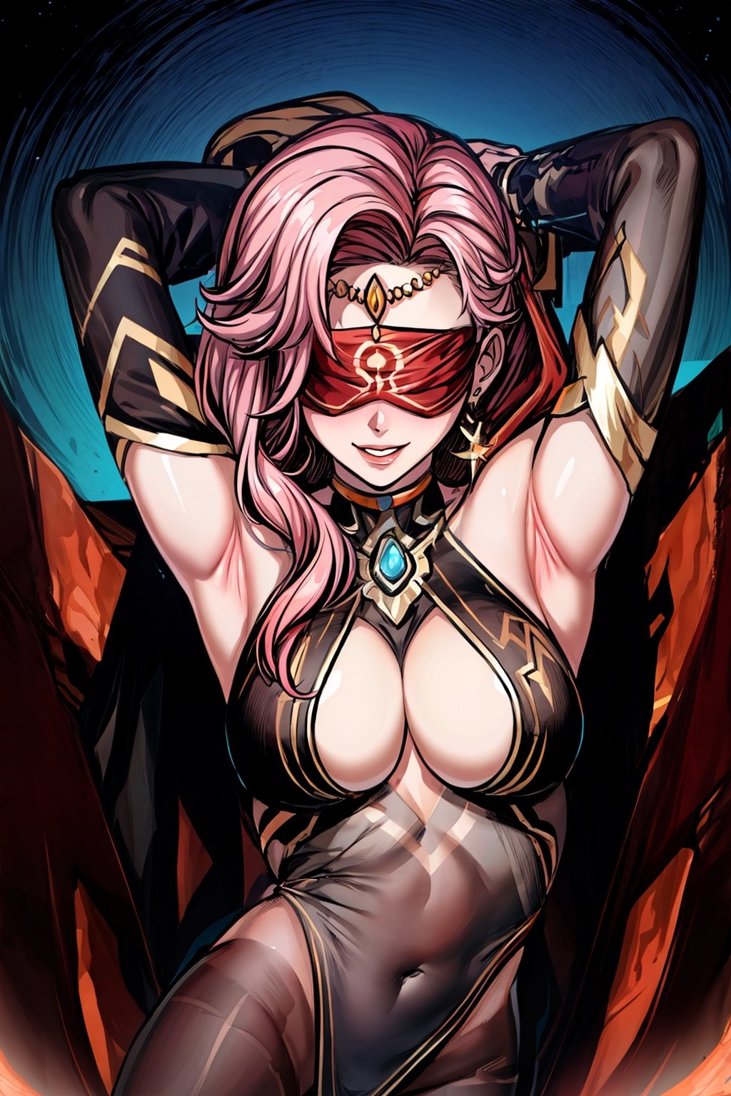 Babel, 1girl, solo, long hair, large breasts, bare shoulders, pink hair,  blindfold,desert sands,1 woman solo, busty figure, desert background, earrings hair_between_eyes jewelry blindfolded, night time, hood, high quality, best quality, 1girl, masterpiece, legs_open,pantyhose, high heels boots,GEM, detailed face, arms_above_head, showing_armpits,sexy, yellow blindfold, line art , flat colors , ornate, cleavage cutout, nsfw, tatto on chest