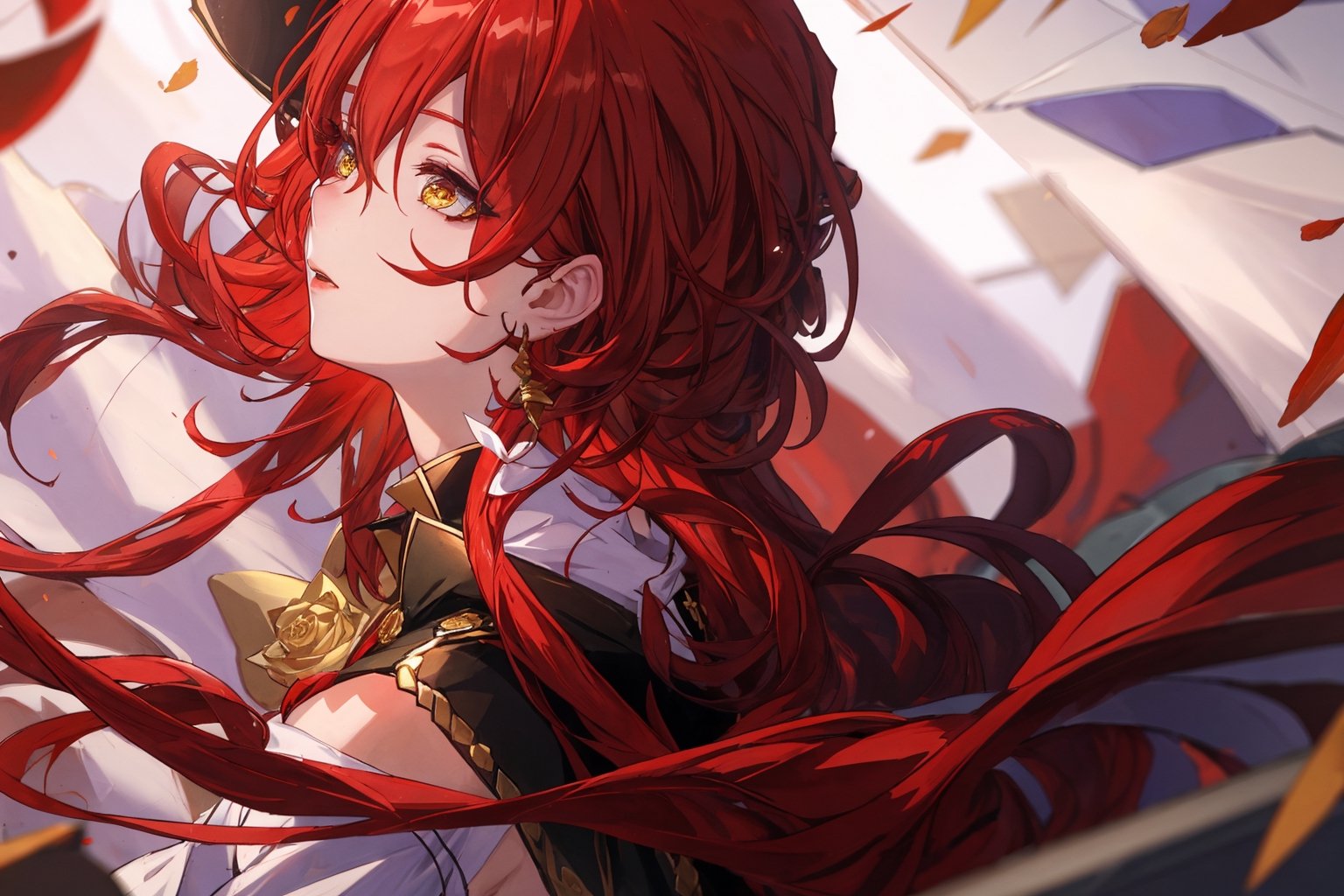 (Masterpiece, top quality, best quality, official art, beautiful and aesthetic:1.2), 1girl, official, head, yellow eyes, red hair, long hair, white dress, golden rose on neck, single earring, from_behind, face focus, upclose, up close, close up , closeup
