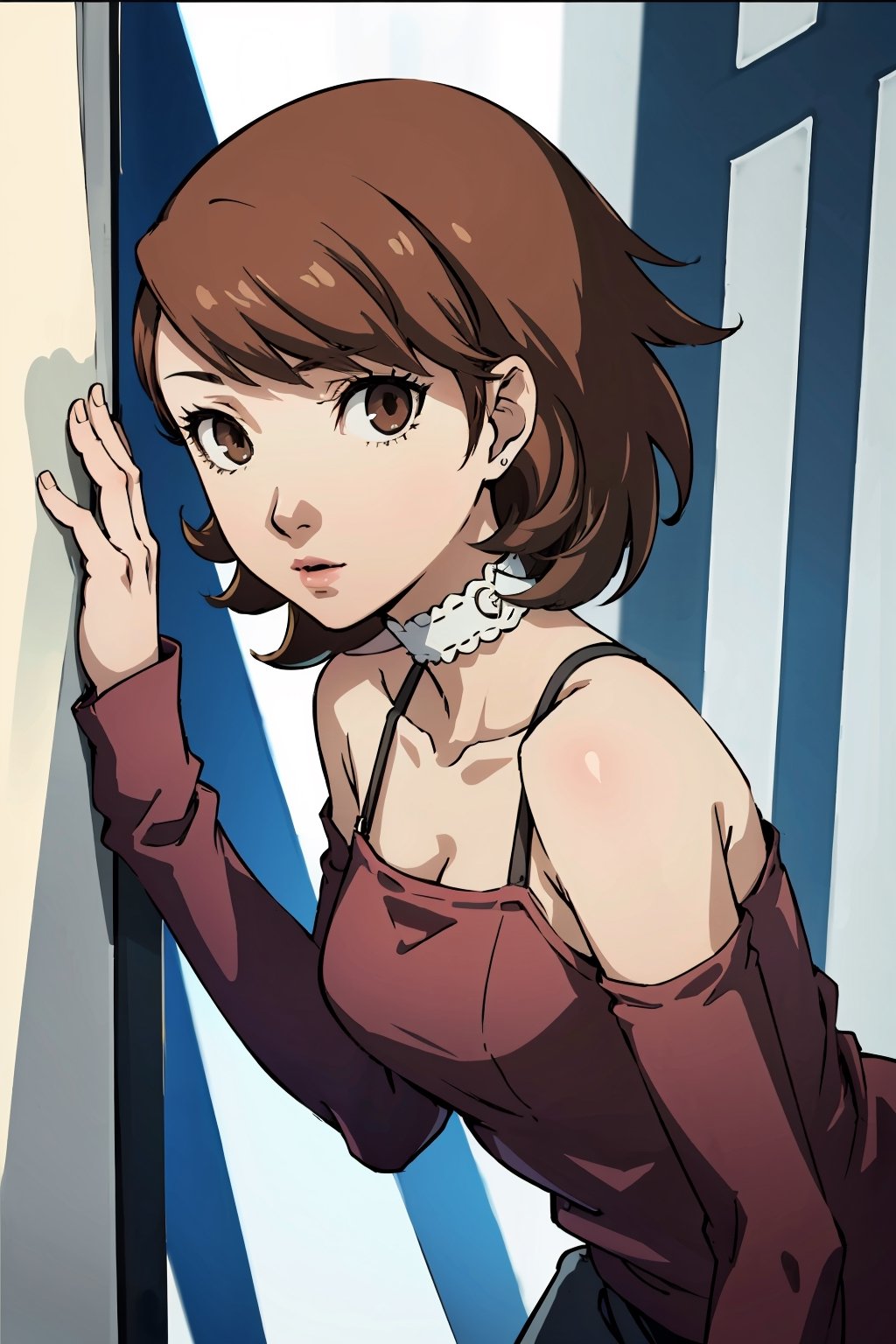 ((masterpiece, best quality)) Persona3Yukari, 1girl, solo, short hair, brown hair, brown eyes, leaning_forward, upper_body,Persona3Yukari, white choker, bending over , viewed from side