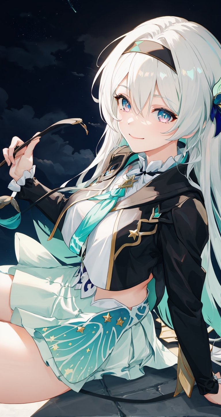 best quality, masterpiece, highres, ,firefly \(honkai: star rail\), 1girl, solo, long hair, smile, blue eyes, closed mouth, looking at viewer, outdoors, bangs, long sleeves, hair ornament, hairband, hair between eyes, cloudy sky, turquoise cape, blue sky, star \(sky\), night sky, white hair, full body, white shirt, flowing white skirt, revealing thighs, 