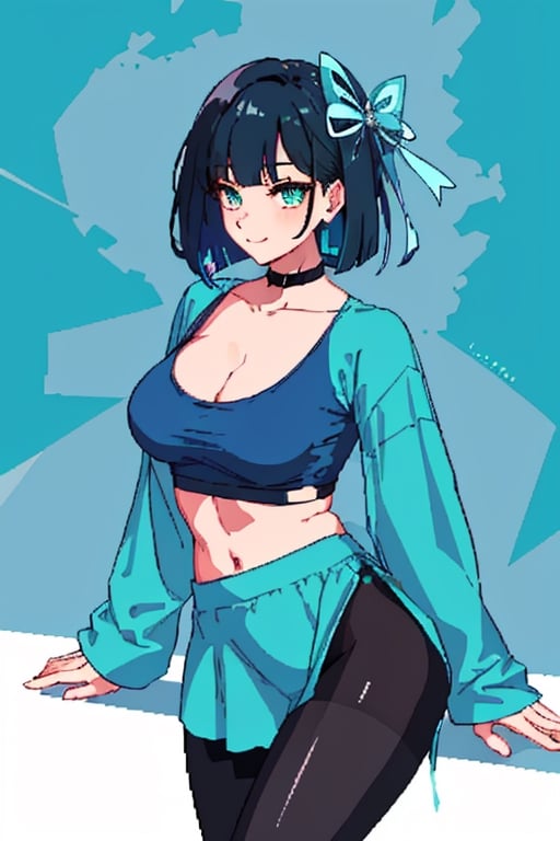 (masterpiece, best quality), 1lady, solo, (upper body),
Elegant and casual turquoise tshirt with simple designs
makeup,(blue theme)
,dark solid color background,
sleek bob,black_hair,red arm_bracelet,sexy,visible v line ,visible waist,wearing pantyhose,cleavage,leaning_forward,pixel_art