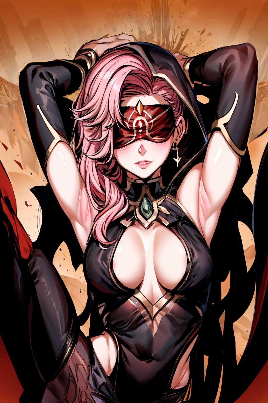 Babel, 1girl, solo, long hair, large breasts, bare shoulders, pink hair,  blindfold,desert sands,1 woman solo, busty figure, desert background, earrings hair_between_eyes jewelry blindfolded, night time, hood, high quality, best quality, 1girl, masterpiece, legs_open,pantyhose, high heels boots,GEM, detailed face, arms_above_head, showing_armpits,sexy, yellow blindfold, line art , flat colors , ornate