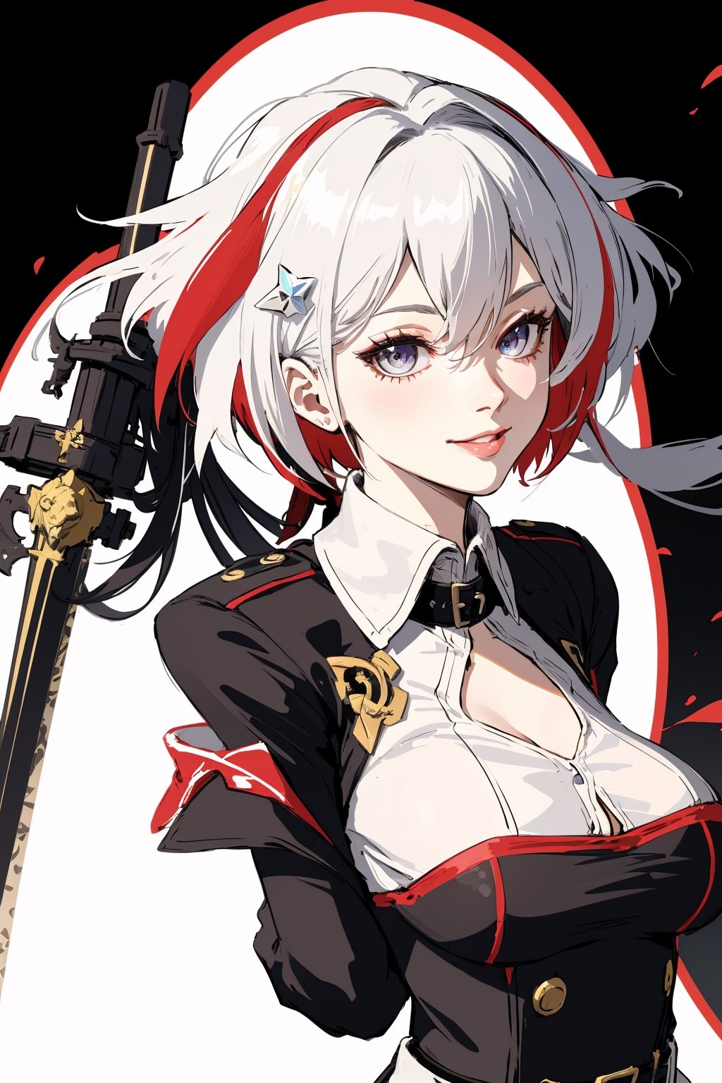 (masterpiece:1.3),(highres:1.1),best quality,1girl,solo,office,jelotopaz,hair ornament,black jacket,collared shirt,cleavage,detached sleeves,black elbow gloves,belt,black knee boots,smile, black background