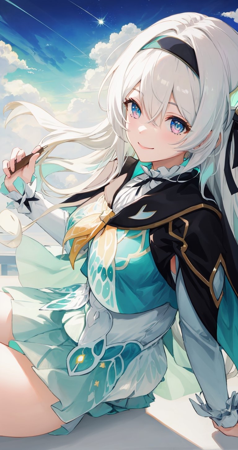 best quality, masterpiece, highres, ,firefly \(honkai: star rail\), 1girl, solo, long hair, smile, blue eyes, closed mouth, looking at viewer, outdoors, bangs, long sleeves, hair ornament, hairband, hair between eyes, cloudy sky, turquoise cape, blue sky, star \(sky\), night sky, white hair, full body, white shirt, flowing white skirt, revealing thighs, 