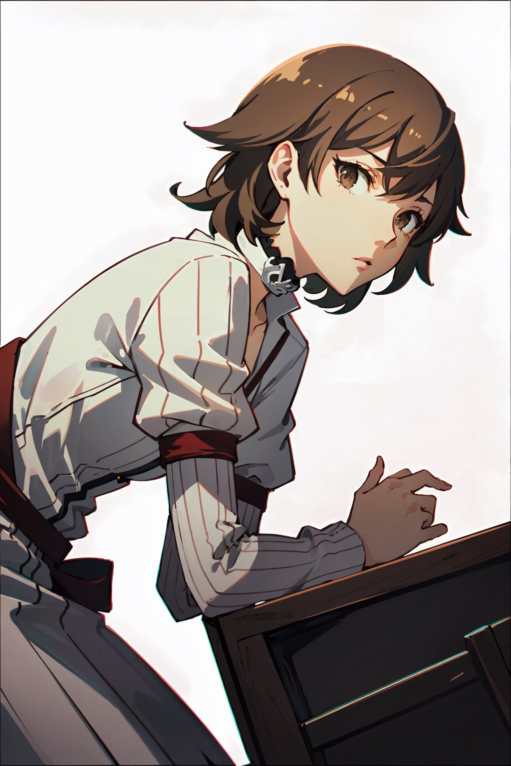 ((masterpiece, best quality)) Persona3Yukari, 1girl, solo, short hair, brown hair, brown eyes, leaning_forward, upper_body,Persona3Yukari, white choker, bending over , viewed from side