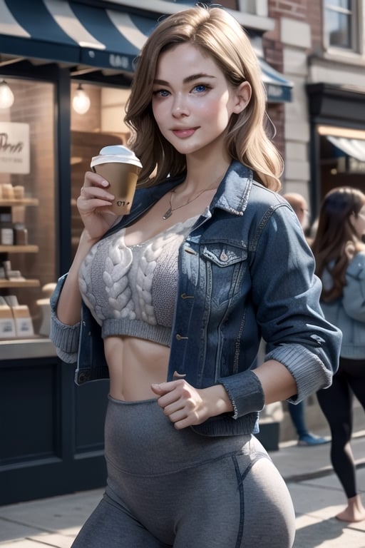 (masterpiece, best quality:1.4),  (modern days), (cowboy shot), 1girl, solo, pov, sfw,

stunning girlfriend, (standing:1.1), dynamic pose, (white oversized sweater, knit sweater:1.4), (tight yoga pants, dark grey yoga pants:1.4), (short navy blue jacket, denim jacket:1.4), long blonde hair, swept bangs, heart shaped face, elegant face, beautiful face, highly detailed face, highly detailed skin, skin pores, subsurface scattering, (detailed blue eyes), realistic pupils, large breast, loving smile, looking at viewer, full face blush, full lips, holding a single coffee cup, centered,

coffee shop in background, city street, sunny day, wind, detailed background, depth of field, atmospheric perspective, volumetric lighting, sharp focus,

absurdres, realistic proportions, good anatomy, (realistic, hyperrealistic:1.4), 16k hdr,