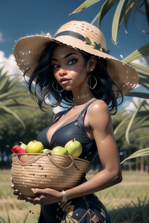 a highly detailed and realistic black woman in a sugarcane field carrying a basket of exotic fruits with her head,High detailed 