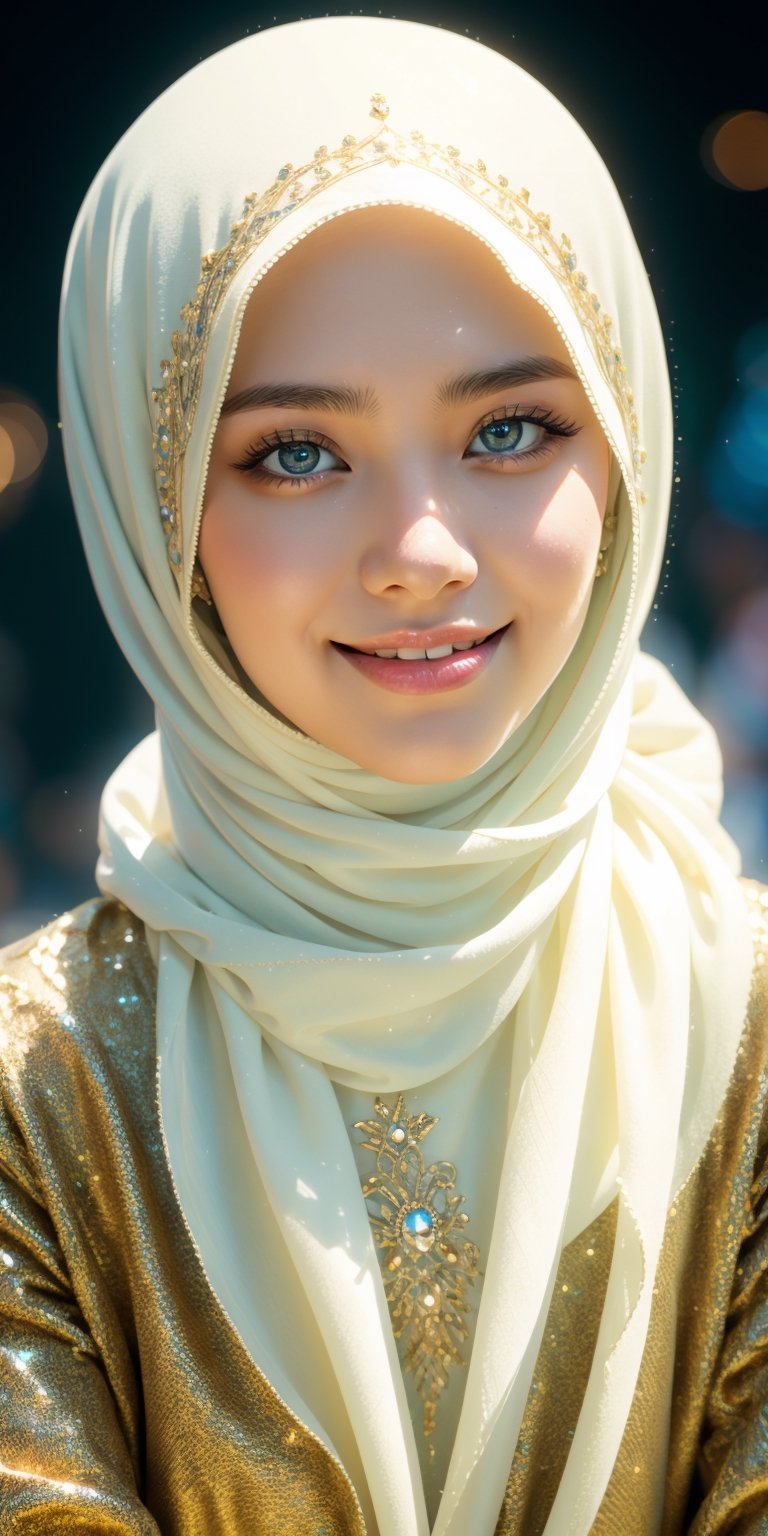 Best quality, uhd, masterpiece, detailed eyes, Beautiful 25 years old women, rose Lips, one eye close, hijab, ((long sleeves jubba thobbe)),full view,cowboy shot, smile,  background, photorealistic, perfect, low light,High detailed, looking_at_viewer,Milf,High detailed, ULTRA REALISTIC,REALISTIC,PHOTO REAL,hijab,SDXL,1 girl,3va,HIJAB GIRLS,Detailedface