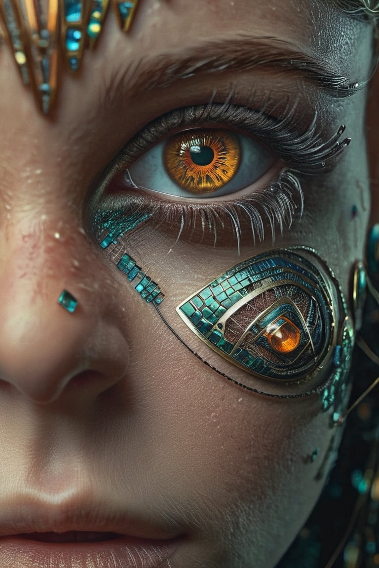 beautiful android RAW upper body photo, beautiful detailed face, ultra realistic, concept art, intricate details, highly detailed, photorealistic, octane render, 8 k, unreal engine. art by Mark Seliger and Alessio Albi, ((cosmic topaz eyes)) wet eyeliner,  perfecteyes ((topaz))