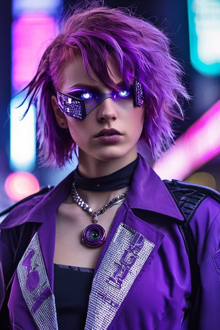 Masterpiece,  unreal resolution,  neo Tokyo, cyber,  punk,girl, 1girl,on street, tough, with beauty, a sparkle in her purple eyes.