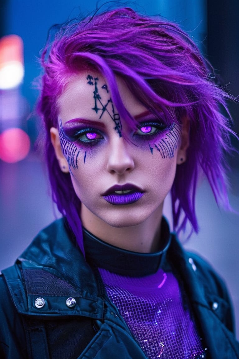 Masterpiece,  unreal resolution,  neo Tokyo, cyber,  punk,girl, 1girl,on street, tough, with beauty, a sparkle in her purple eyes.