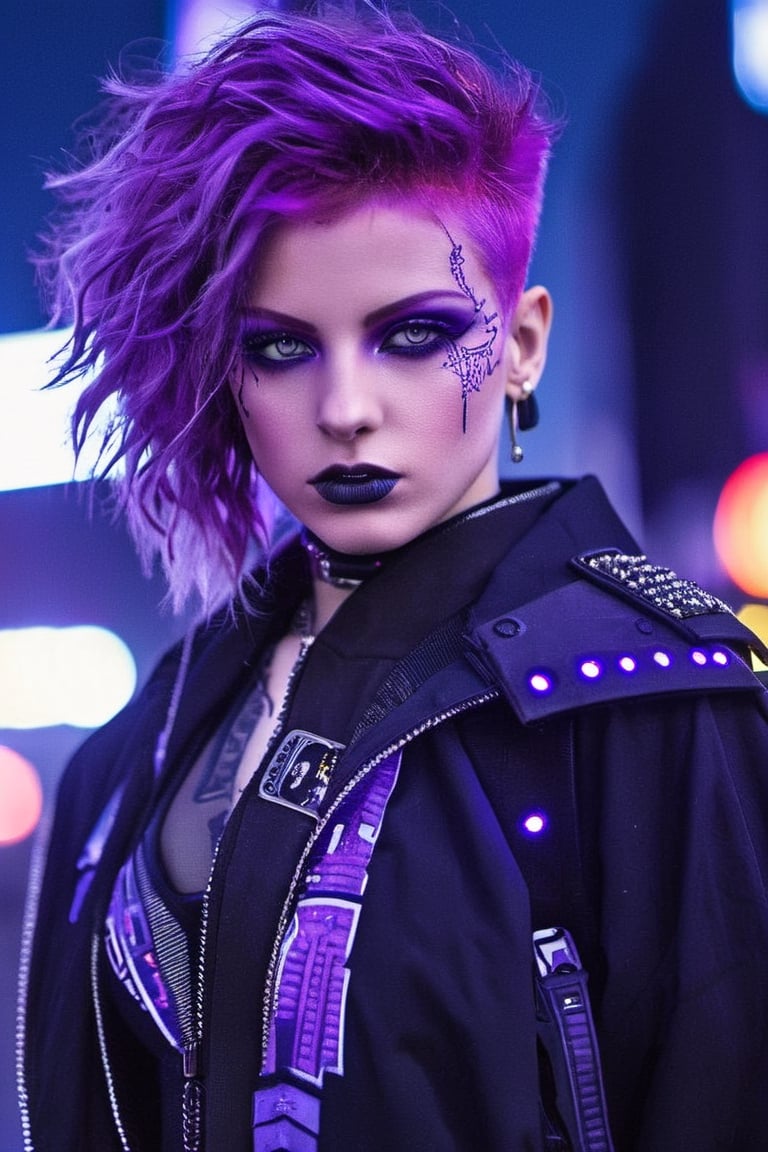 Masterpiece,  unreal resolution,  neo Tokyo, cyber,  punk,girl, 1girl,on street, tough, with beauty, a sparkle in her purple eyes.