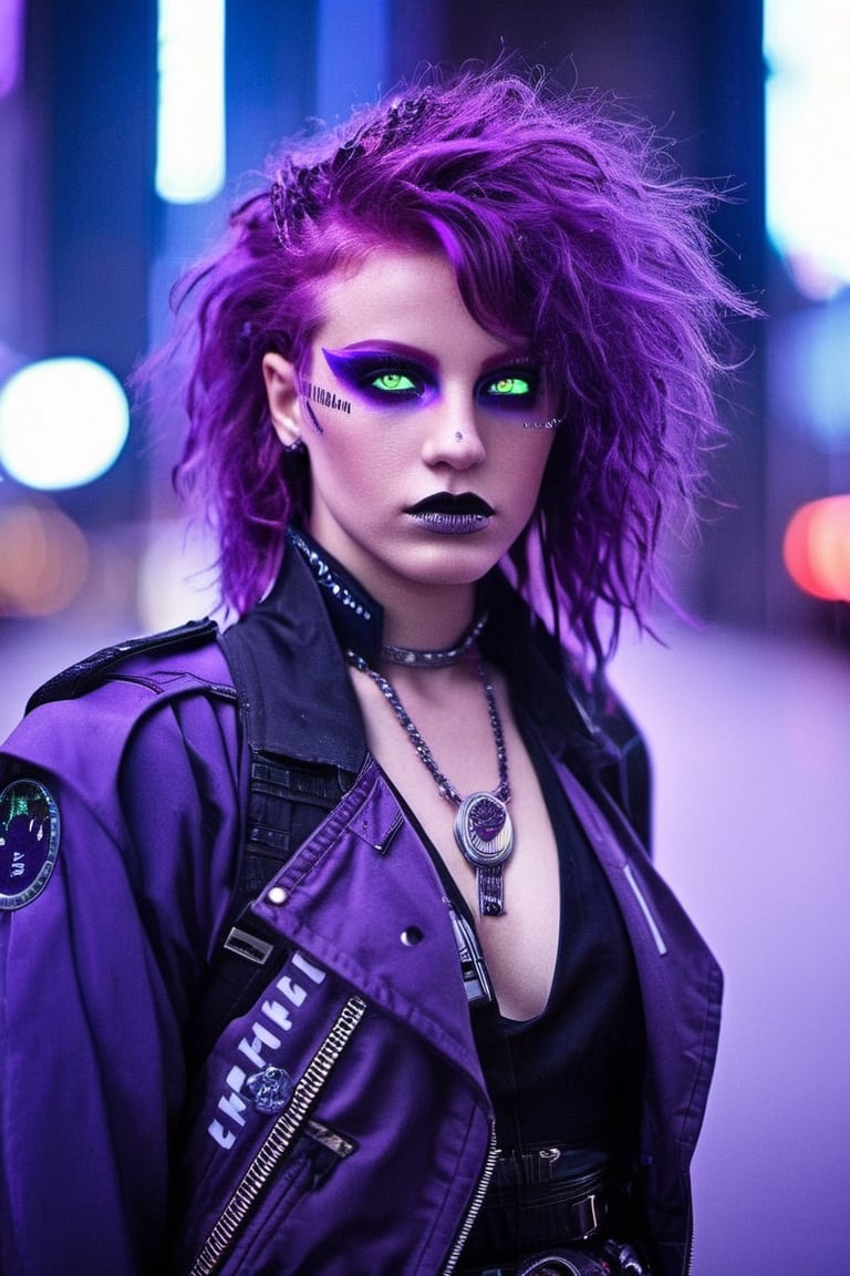 Masterpiece,  unreal resolution,  neo Tokyo, cyber,  punk,girl, 1girl,on street, tough, with beauty, a sparkle in her purple eyes.