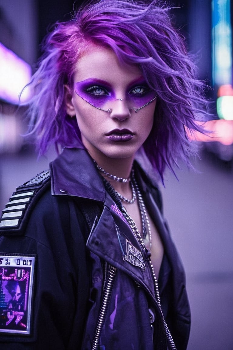 Masterpiece,  unreal resolution,  neo Tokyo, cyber,  punk,girl, 1girl,on street, tough, with beauty, a sparkle in her purple eyes.