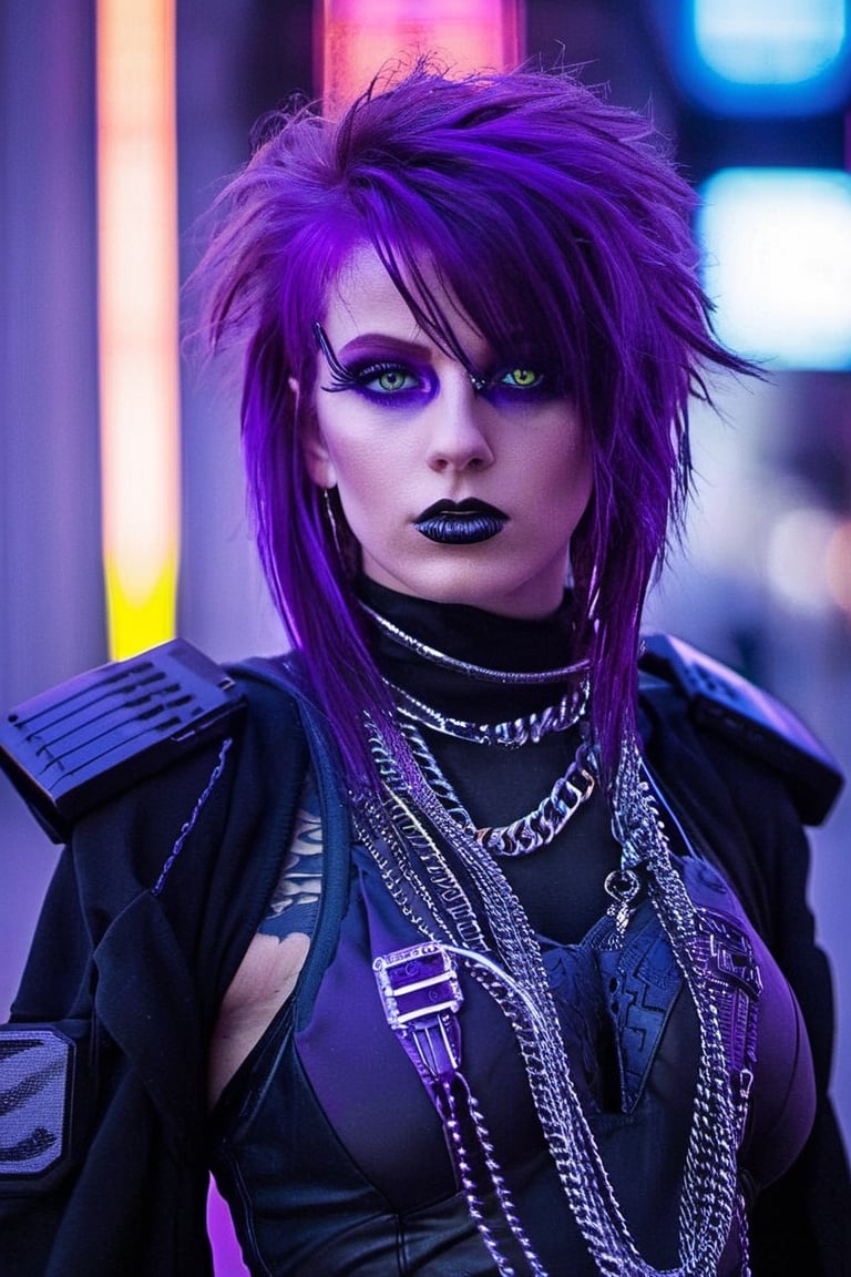 Masterpiece,  unreal resolution,  neo Tokyo, cyber,  punk,girl, 1girl,on street, tough, with beauty, a sparkle in her purple eyes.