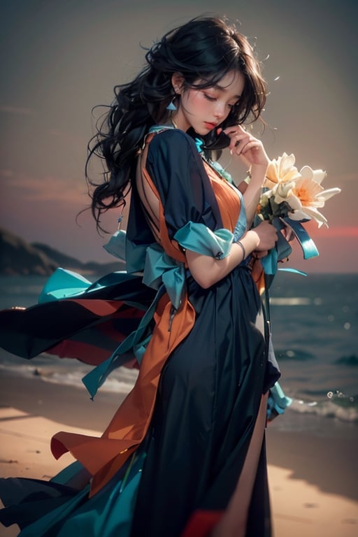 woman, beatiful dress, colorful, darl background,blue theme,exposure blend, medium shot, bokeh, (hdr:1.4), high contrast, (cinematic, teal and orange:0.85), (muted colors, dim colors, soothing tones:1.3), low saturation,asian girl