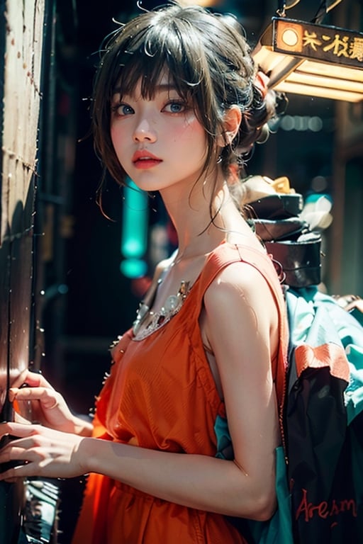 tones:1.3), low saturwoman, beatiful dress, colorful, darl background,blue theme,exposure blend, medium shot, bokeh, (hdr:1.4), high contrast, (cinematic, teal and orange:0.85), (muted colors, dim colors, soothing ation,asian girl