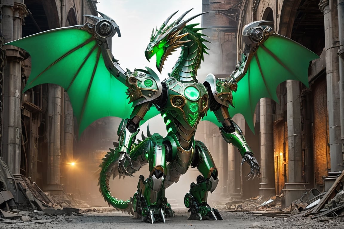 renaissance style mechanoid green (dragon:1.3) on industrial ruins, (raptor-robot head:1.2), (green glowing eyes:1.8), large 2wings, 4paws, (full body:1.8), steam punk, plate armor, one tail, intricately detailed, light and shadow, religious or mythological themes, highly detailed, wide angel view, (full body shot:1.8), detailmaster2, monster