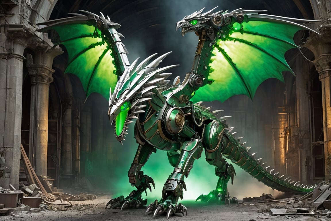 renaissance style mechanoid green (dragon:1.3) on industrial ruins,(raptor-robot head:1.2), (green glowing eyes:1.8), large 2wings, 4paws, (full body:1.8), steam punk, plate armor, one tail, intricately detailed, light and shadow, religious or mythological themes, highly detailed, wide angel view, (full body shot:1.8), detailmaster2, monster