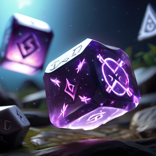 sever crystal dices are rolling (in fly:2.0), magic (rune:1.7), artstation, gothic, glow_in_the_dark, 3d render, unreal engine 3, highly detailed, realistic colors,EpicSky