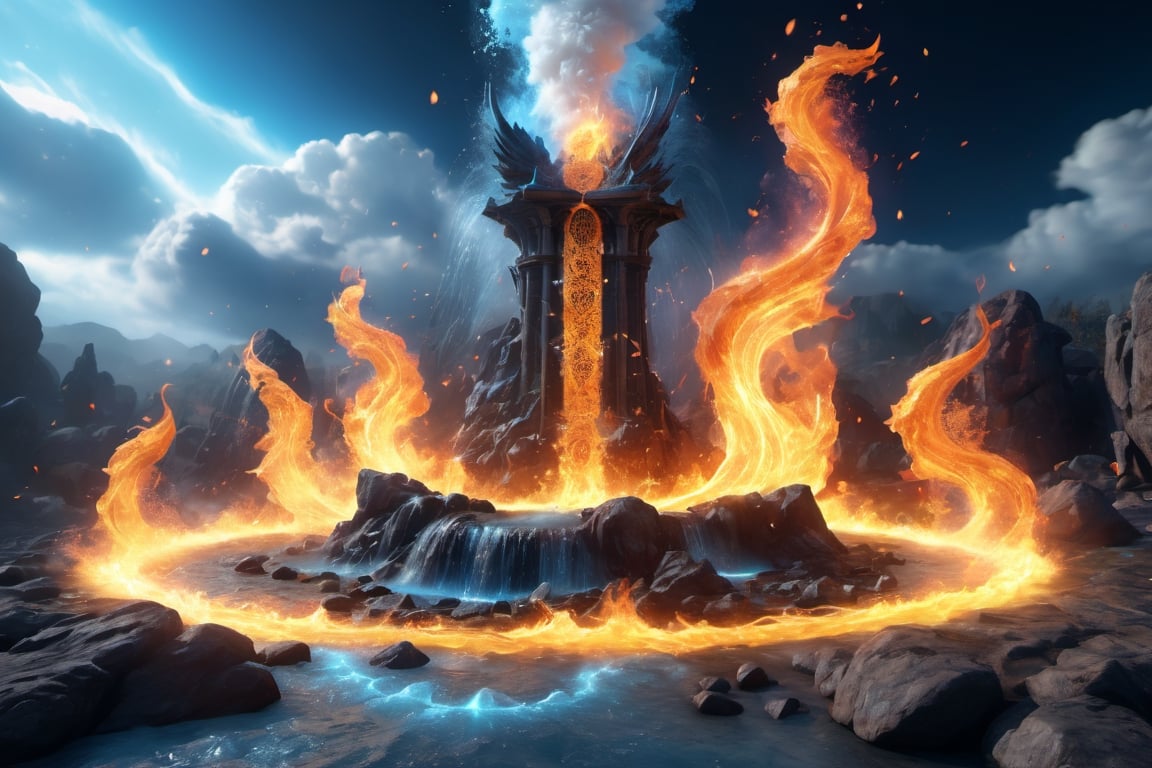 flow of fire, flow of water, flow of dust, flow of rock, magic explosion in center, full body aerial shot, magic rune, artstation, gothic, glow_in_the_dark, 3d render, unreal engine 3, highly detailed, realistic colors, contrast color, a lot of particles of blue crystal, smoke, fog, EpicSky