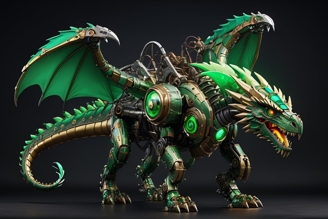 mechanoid green (dragon:1.3), (raptor-robot head:1.2), large wings, 4 paws, (full body:1.8), steam punk, plate armor, glowing eye, one tail, intricately detailed, cinematic, trending on artstation, intricate, hit definition, cinematic, 4k resolution, wide angel view, (full body shot:1.8), detailmaster2, Comic Book-Style 2d,  monster