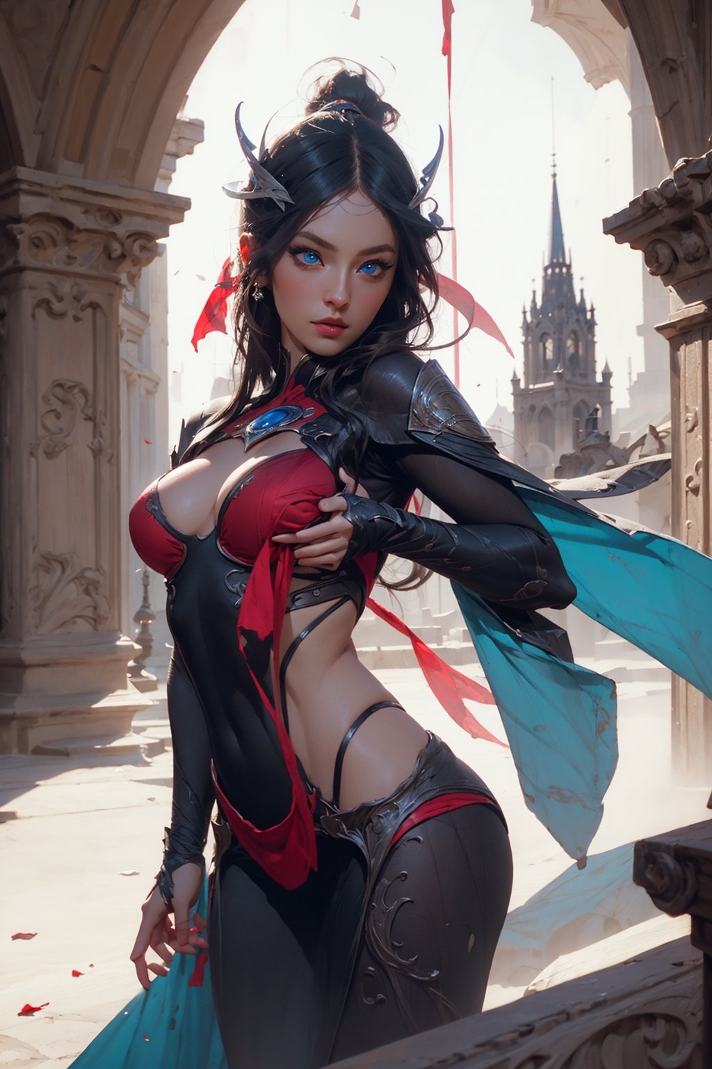 (masterpiece), irelia, (perfect_face), (blue_eyes), (skinny), (petite), magical cathedral behind, best quality, high resolution, photorealistic, cinematic lighting, high details, Realism ,sexy lingerie, almost_naked, bright, bright_face,weapon