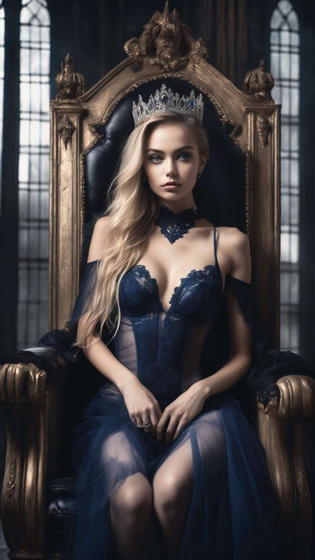 Photorealistic portrait photo of a gothic young queen sitting on a throne in black and white castle hall (20 years old girl, slim_waist, sexy hips, leaning on her throne, spreading legs, wearing gothic styled transparent lingerie, nipples show through clothes, diamond tiara, perfect_face, symmetrical_face, blonde hair, two puns hairstyle, deep blue eyes), red royal throne, realistic, dramatic light, fine art, nude photography, boudoir photography,