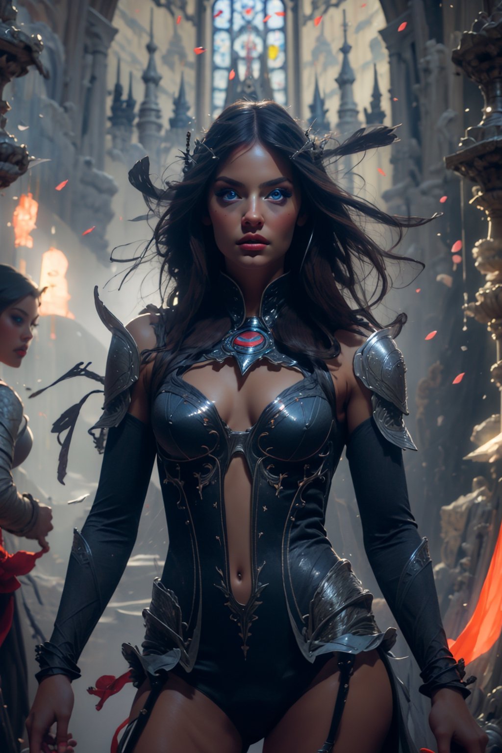 (masterpiece), (1girl), irelia, (perfect_face), (blue_eyes), (skinny), (petite), magical cathedral behind, best quality, high resolution, photorealistic, cinematic lighting, high details, Realism ,sexy lingerie, almost_naked, bright, detailed_background, bright_face,weapon,sword,Realism, complex_background