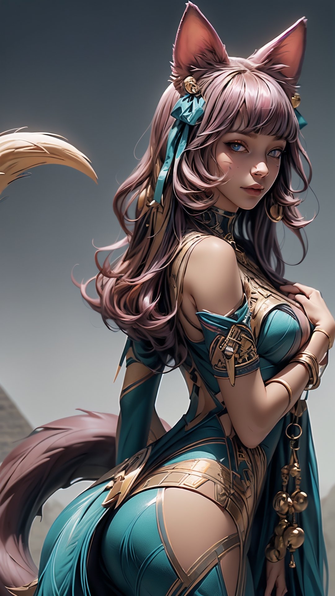 (((Masterpiece))), ah4, Ahri with (perfect_face) pink hair ((blue eyes)) ((multiple fox tails)), wearing egyptpunk styled transparent dress with cleavage bare shoulders and hair ribbon , egyptpunk ,egiptian pyramids in magical desert, Egypt, photorealistic , high res, detailed, 4k