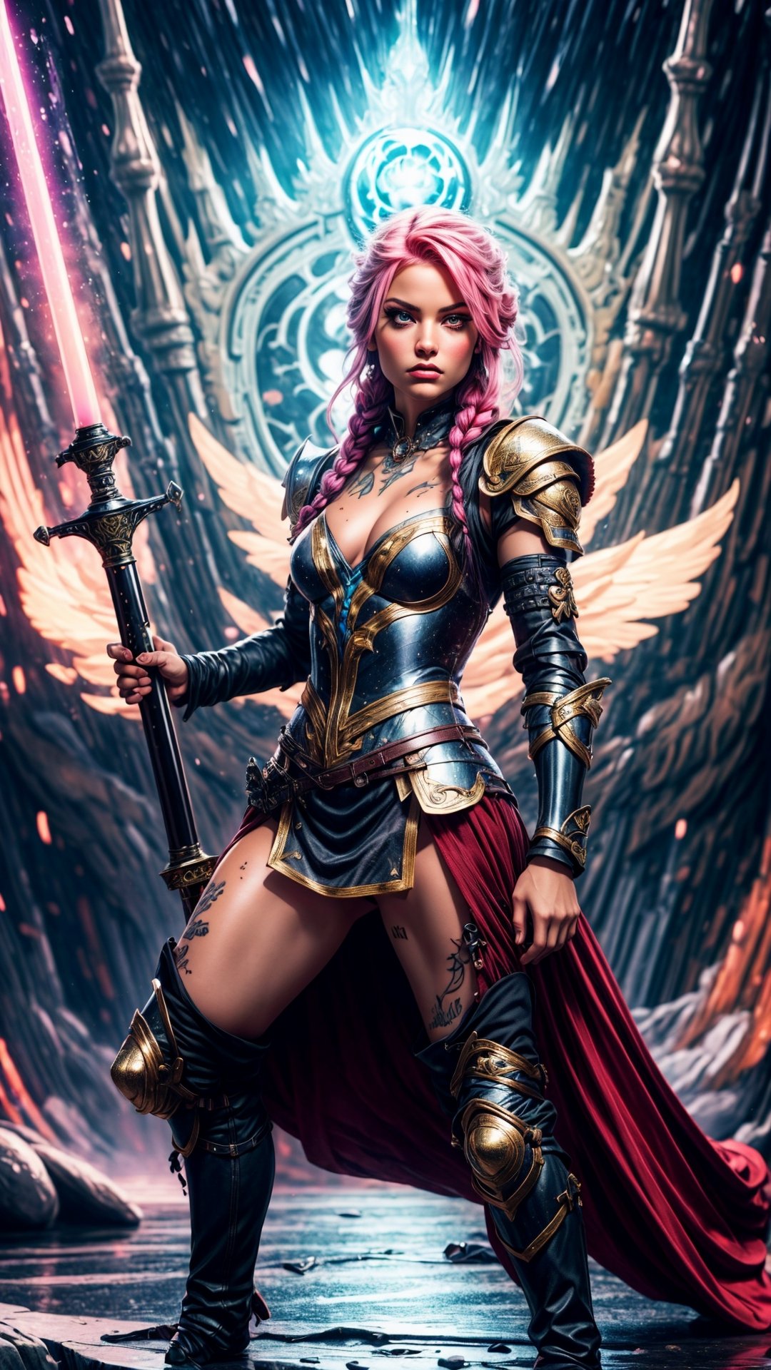 Viking princess, holding big magical glowing sword, black and gold laced armor, cleavage, , skirt, full body tatto, tattooed , ( perfect_face ) , braided pink hair, detailed eyes, fighting pose, seductive_face, wet skin, petite, skinny, minimalistic armor, on a ship,  masterpiece , realistic, cinematic lighting, magical, fantasy,  best quality, ultra-detailed, 8K , sexy,Realism