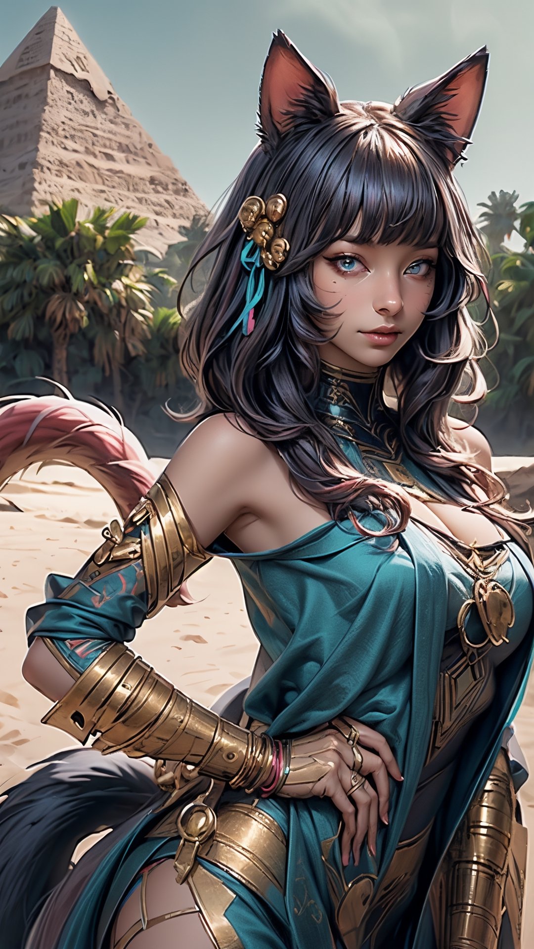 (((Masterpiece))), ah4, Ahri with (perfect_face) pink hair ((blue eyes)) ((multiple fox tails)), wearing egyptpunk styled transparent dress with cleavage bare shoulders and hair ribbon , egyptpunk ,egiptian pyramids in magical desert, Egypt, photorealistic , high res, detailed, 4k