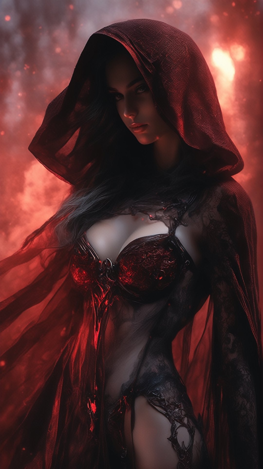 Photo of Sexy Female grim reaper holding mythical red glowing sword at magical graveyard ( grim reaper girl, grim reaper hooded_cloak, petite, hourglass_body, sexy transparent lingerie, garter belt, stockings, high heeled boots, (holding (big scythe)), ((transparent clothes)), (perfect_face), red long hair), magical elements, (magical particles), detailed majestic red sky, fog around, realistic, photorealistic, dramatic lighting, intricate, high res, detailed, 4k, best quality, masterpiece, reaper of death, complex_background, realism, dark scene, horror, gothic, ((perfect_body)), implied_nude,