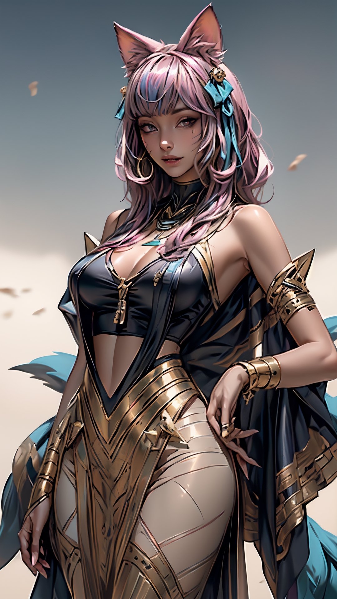 (((Masterpiece))), ah4, Ahri with (perfect_face) pink hair ((blue eyes)) ((multiple fox tails)), wearing egyptpunk styled transparent dress with cleavage bare shoulders and hair ribbon , egyptpunk ,egiptian pyramids in magical desert, Egypt, photorealistic , high res, detailed, 4k, ,mtu virus, looking at viewer,
