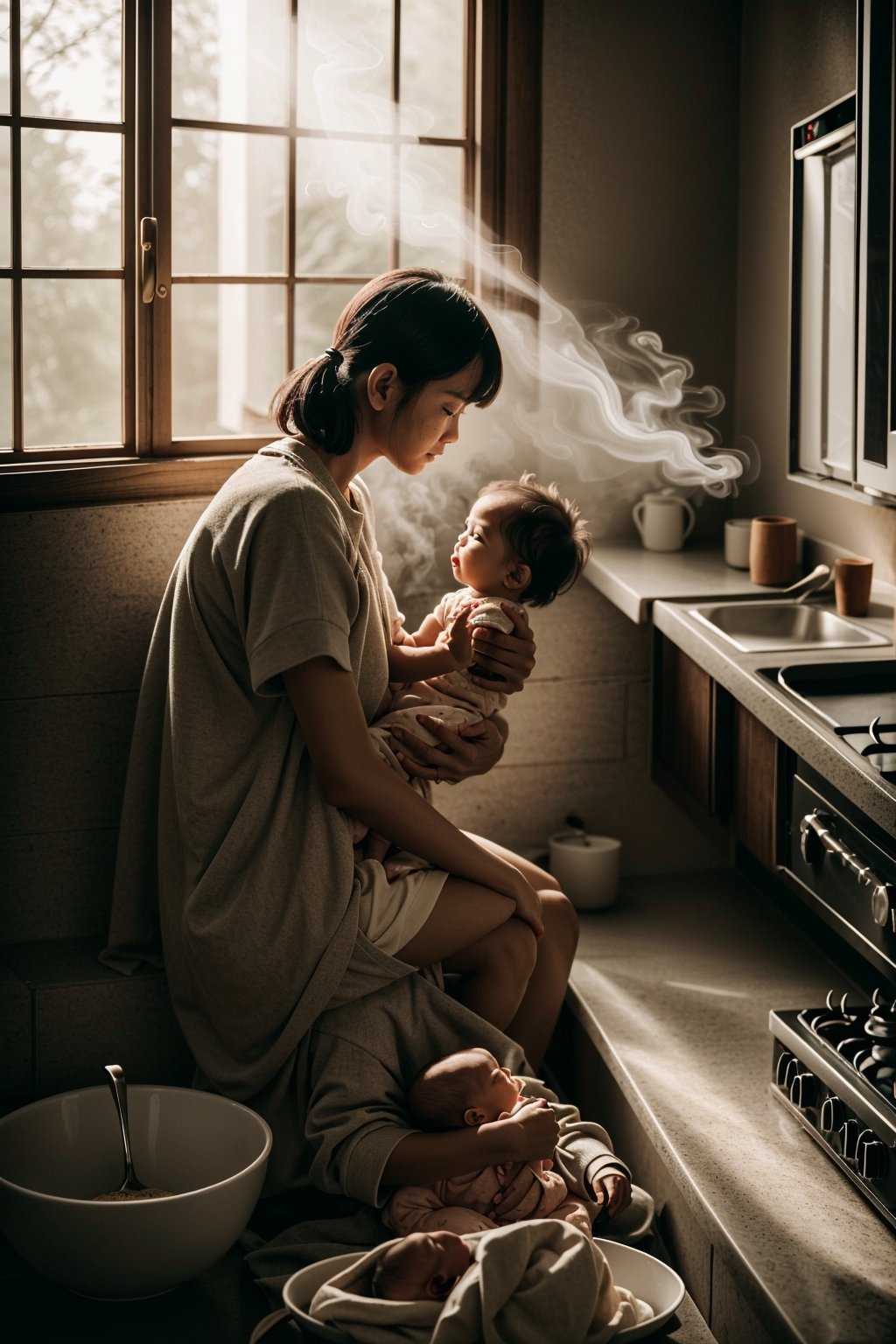 a villager southeast asia woman sitting and whole her new born baby and do cooking in her house's kitchen, dramatic scenery, realistic photography, 18k crazy detail, smaok, light ray, dark background, warm ambient light, smoke, interior,renaissance_alchemist_studio,abandoned_style