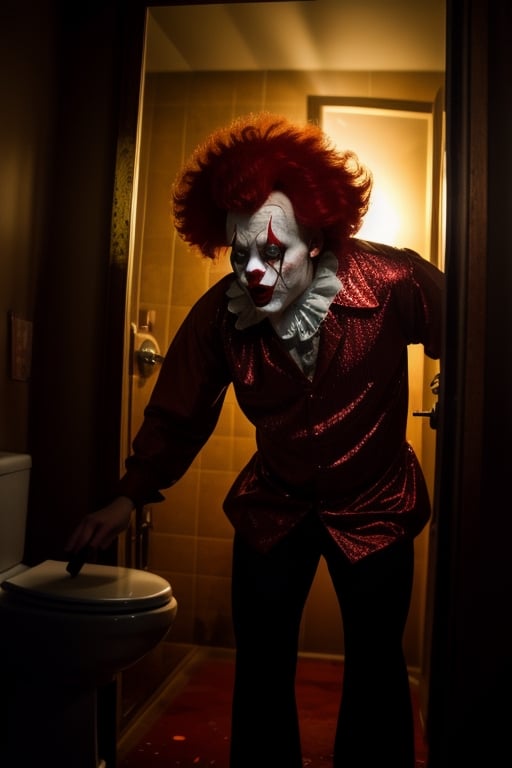 A cinematic photo of a 25 year old half american half scottish killer clown, big forehead, red clown wig, running into a glass mirror breaking his face into glass pieces, Blood glass shattering, he is in a dimly lit beat down grim public restroom, bloody red sparkly glitter clown costume, Blood on walls, broken lights, horror, vhs, film grain, Zombie in background, Scared look, brown lighting, grey lighting, ultra detailed, Atmospheric, Dramatic, Masterpiece,