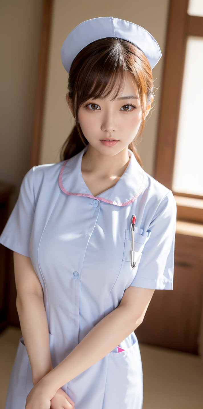 (masterpiece,best Quality:1.4),(extremely detailed,single focus,32k,High Resolution:1.2),front view,((cowboy shot)),Japanese,adult lady,28-year-old,((Enormous Breasts)),BREAK,White nurse uniform, nurse cap,BREAK,(Hands to the side:1.5)