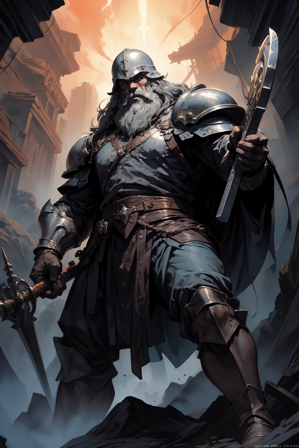 In a dimly lit dungeon, a stocky dwarf stands firm in combat stance, legs open wide. His round eyes gleam with intensity as he gazes directly at the viewer, mustache and beard framing his face. A long, flowing beard cascades down his chest, its delicate strands illuminated by an ultra-fine glow. He wields a battle-axe in one hand, the other grasping a second weapon with equal precision. The air is thick with tension as he glares at us, his armor and helmet a testament to his unyielding determination. Soft pastel hues dance across the scene, imbuing the atmosphere with an ethereal beauty.,nodf_lora