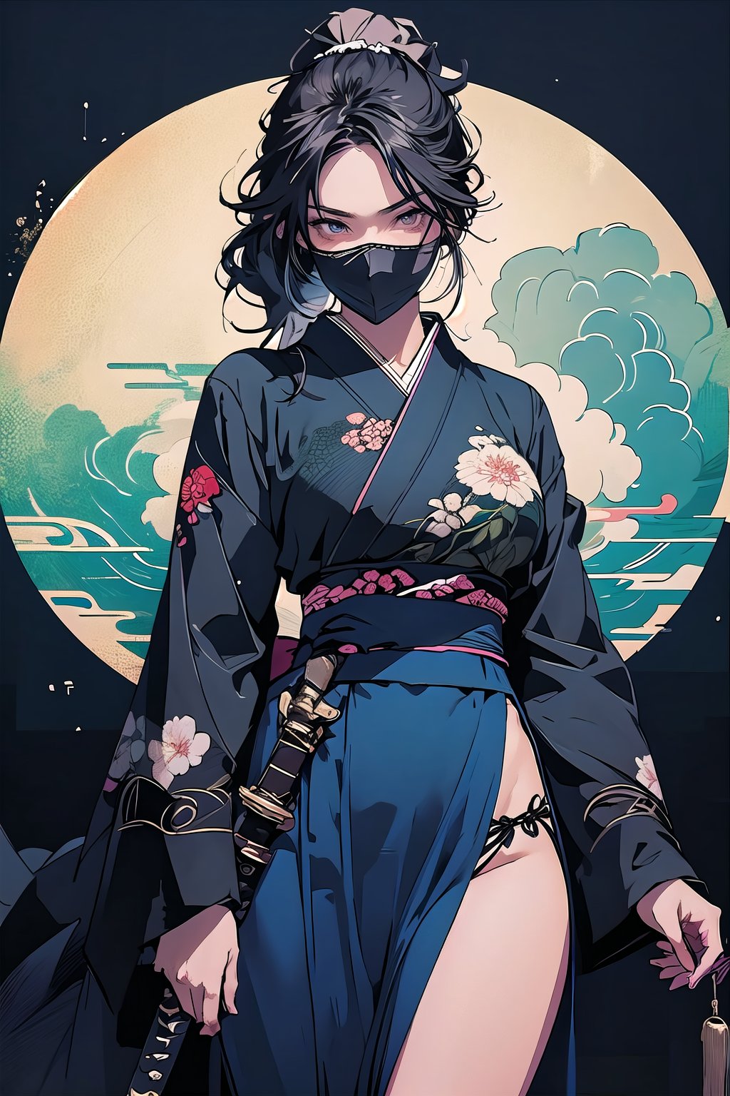 (masterpiece, best quality, ultra-detailed, beautiful),very aesthetic,intricate,best quality,(amazing quality),extremely hyghres resolution,(ultra-detailed),intricate line,(delicate drawing),pics of beautiful asian girl with black hair wearing a black outfit holding a sword, 1girl, sword, weapon,black mask, black hair, solo, panties, blue eyes, japanese clothes, floral print, large breasts,looking at viewer, ponytail, katana, holding, hair ornament, kimono, mouth mask, black panties, flower,,ultra delicate, clearly, super fine illustration, absorbres, pastel art,
BREAK beautiful lighting, beautiful glow,AddXL,Enhance,nodf_lora