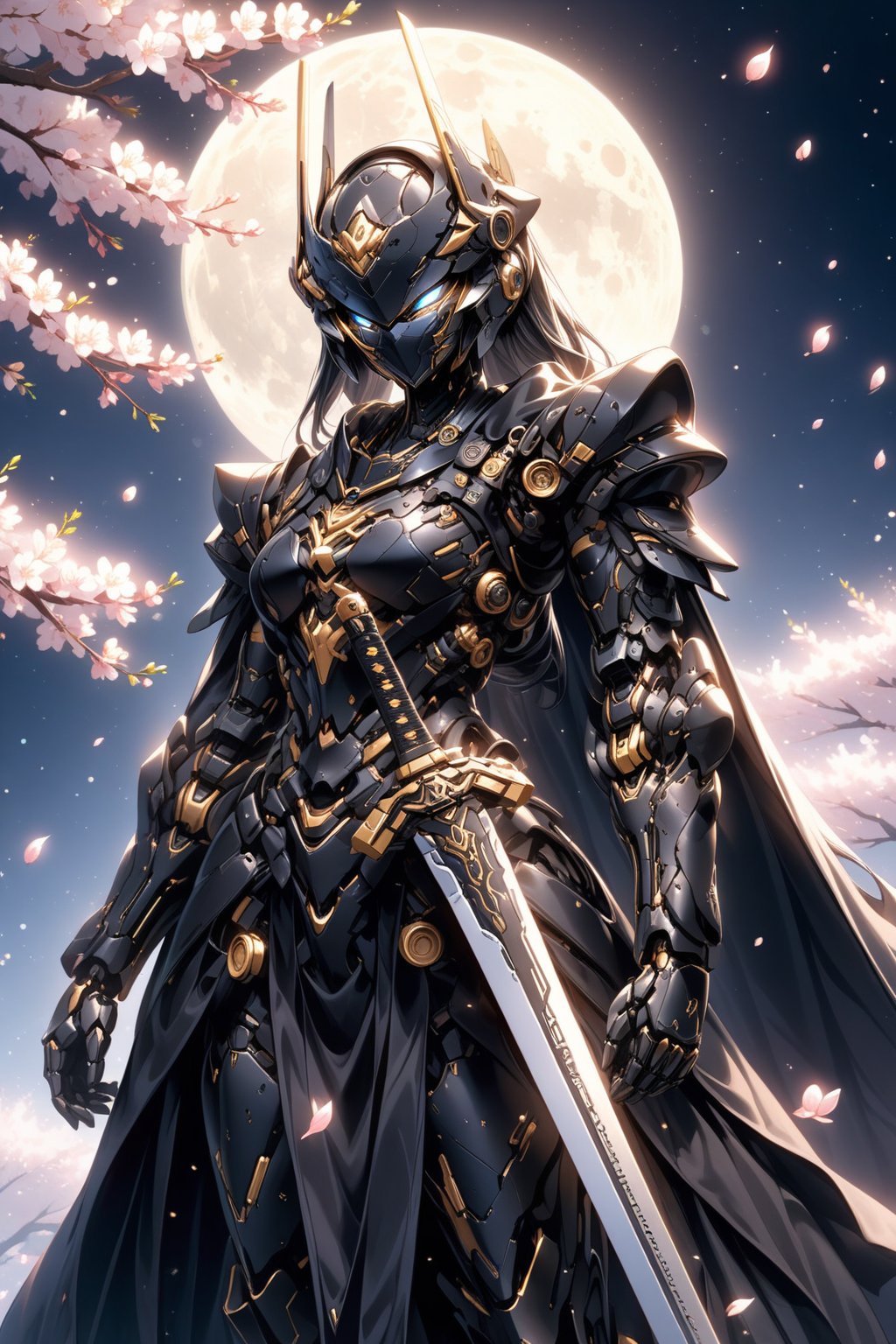 Under the silvery light of a full moon, Moonlit Ninja's humanoid robot form glows with a metallic sheen, augmented body glistening like chrome. Cherry blossoms fall softly around her as she soars through the air, raven-black hair flowing behind her like a dark cloak. Her sword shines with precision-cut chrometech, reflecting the gentle glow of the moon. The intricate lines and delicate drawing are ultra-detailed, with subtle imperfections adding realism to this breathtaking scene.