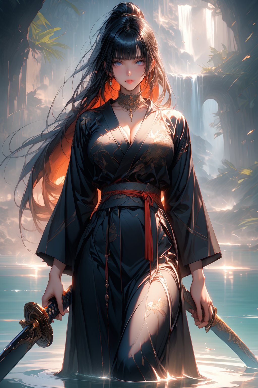 In a masterpiece of digital painting, a stunning woman with a ponytail and bangs adorns the frame. She wears a black kimono and sandals, her long hair cascading down her back like a waterfall of night. Her eyes gleam with an inner light as she holds a katana aloft, its blade shimmering in the soft glow that breaks across the water's surface. The intricate line work is so delicate it appears almost ethereal, while her large breasts are framed by the folds of her kimono, creating a sense of cleavage. A subtle mask covers her face, adding an air of mystery to her enigmatic gaze. The overall aesthetic is breathtakingly beautiful, with an ultra-detailed and highly resolved illustration that invites the viewer to absorb every detail.