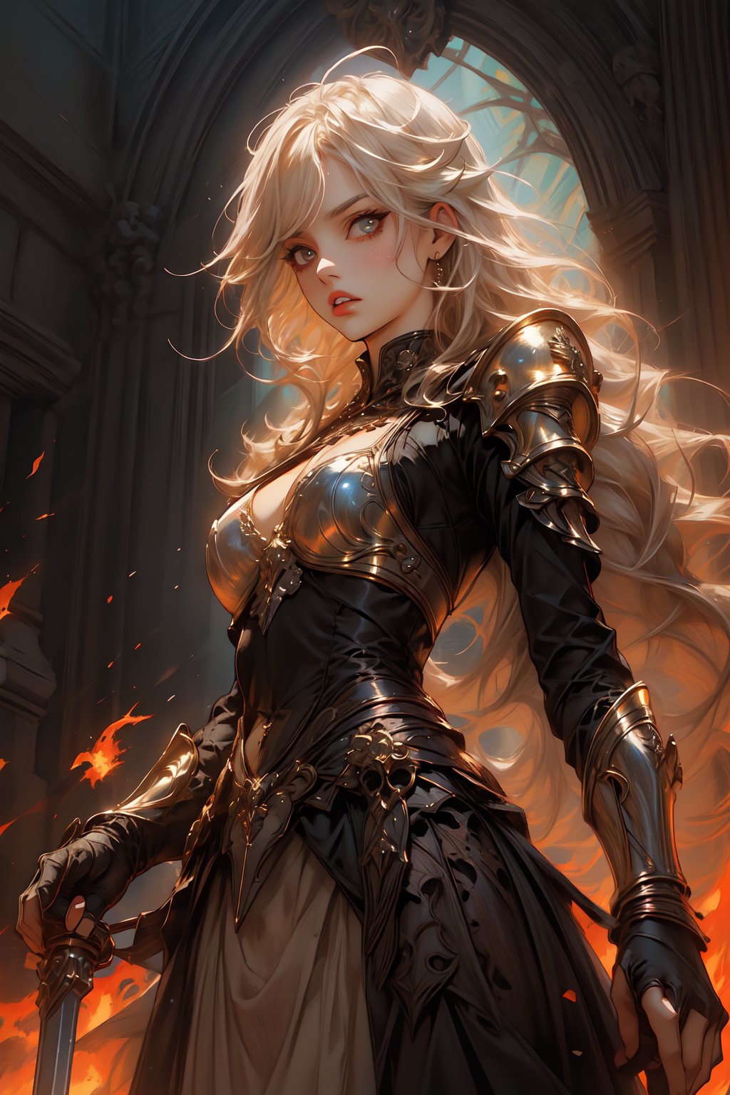 A masterpiece of a warrior maiden! A stunning 1-girl composition, with an ultra-detailed and extremely high-res face and eyes that seem to pierce through the image. Her blonde hair flows like silk, framing her delicate features as she gazes directly at the viewer. The intricate line work on her armor and gauntlets glistens in the light, revealing a metallic bikini bottom that seems to shimmer with each movement. Long, flowing bangs frame her face, while parted lips and a determined expression convey a sense of battle-readiness. A sword is held aloft, its blade glinting like a beacon as she stands tall in a dynamic fighting stance. The red eyes seem to burn with an inner fire, as if fueled by her fierce determination. The entire image is bathed in a beautiful, soft light that seems to glow from within, casting no shadows and highlighting every delicate detail of this gorgeous illustration.